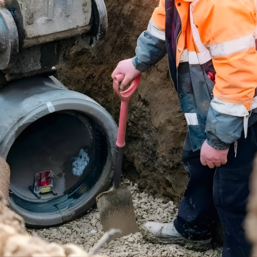 Worker digging near large pipe